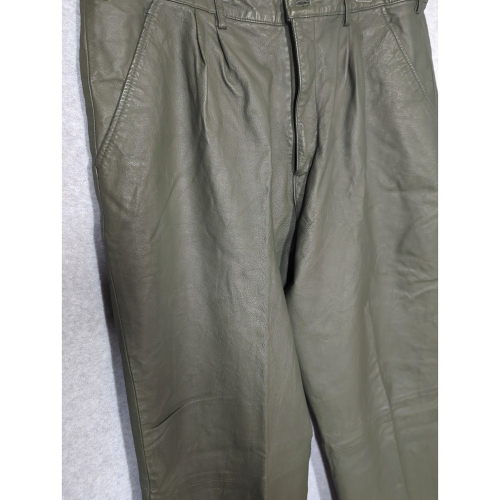 Vtg Men Leather Pants 42x36 Olive Green Heavy Duty Fully Lined Wide Straight Leg